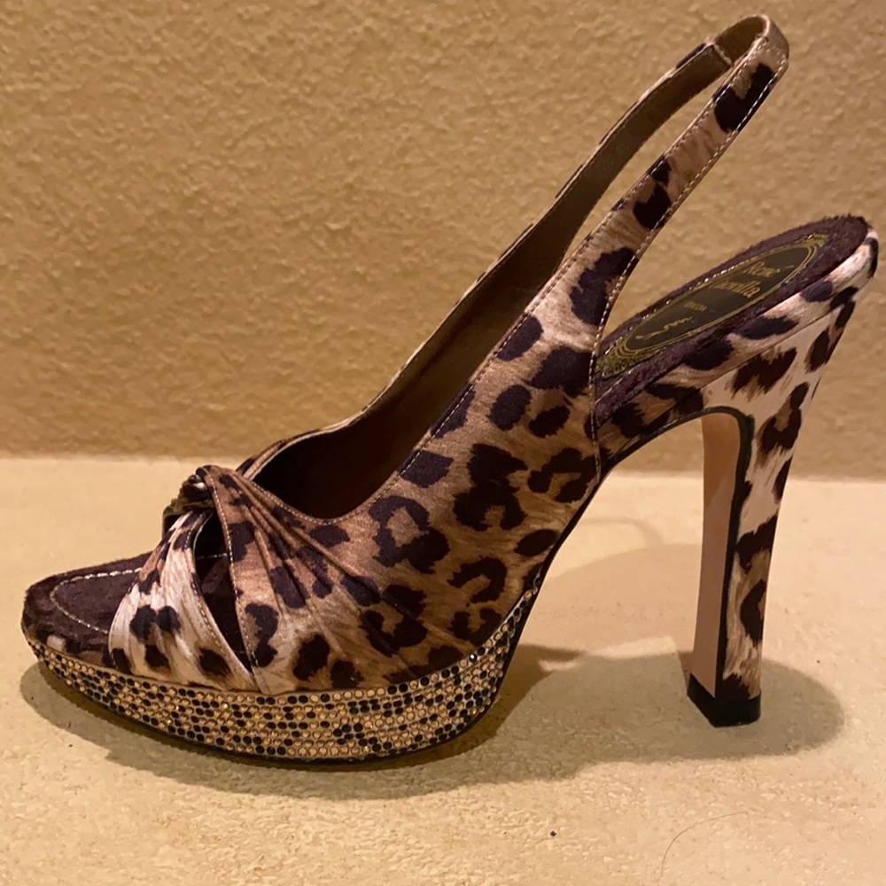 Rene Caovilla , leopard peep toe sandal,rhinestone platform ,beautiful condition